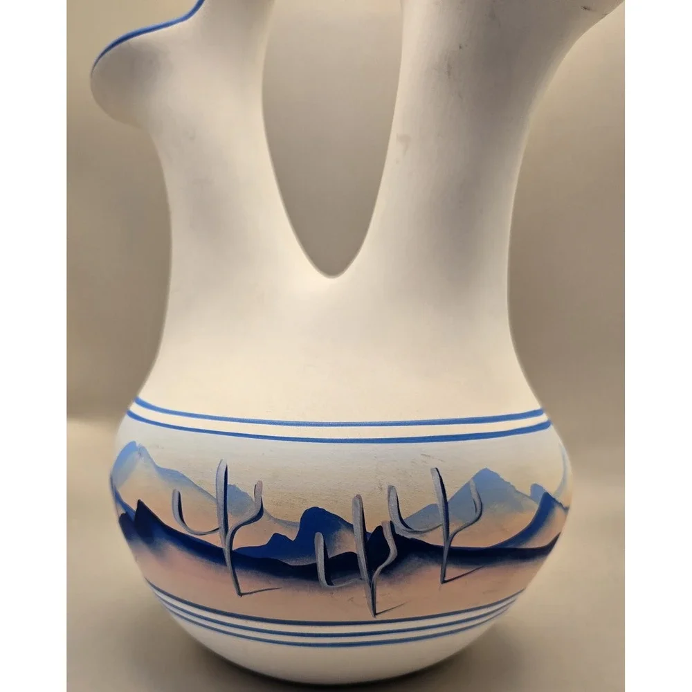 Vase Navajo Double Floral Opening Painted  Signed Approx.  10
